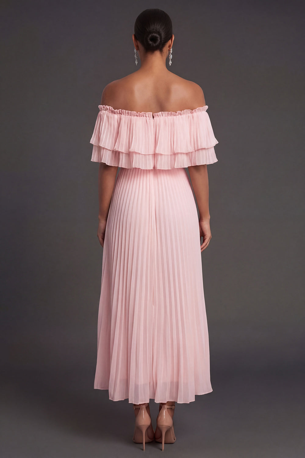 Pleated Pink A Line Off the Shoulder Midi Wedding Guest Dress