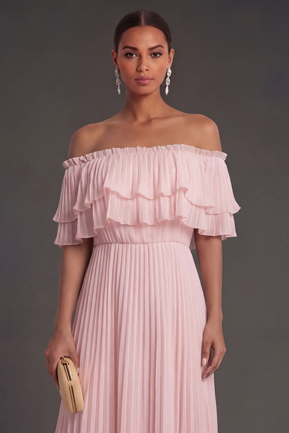 Pleated Pink A Line Off the Shoulder Midi Wedding Guest Dress