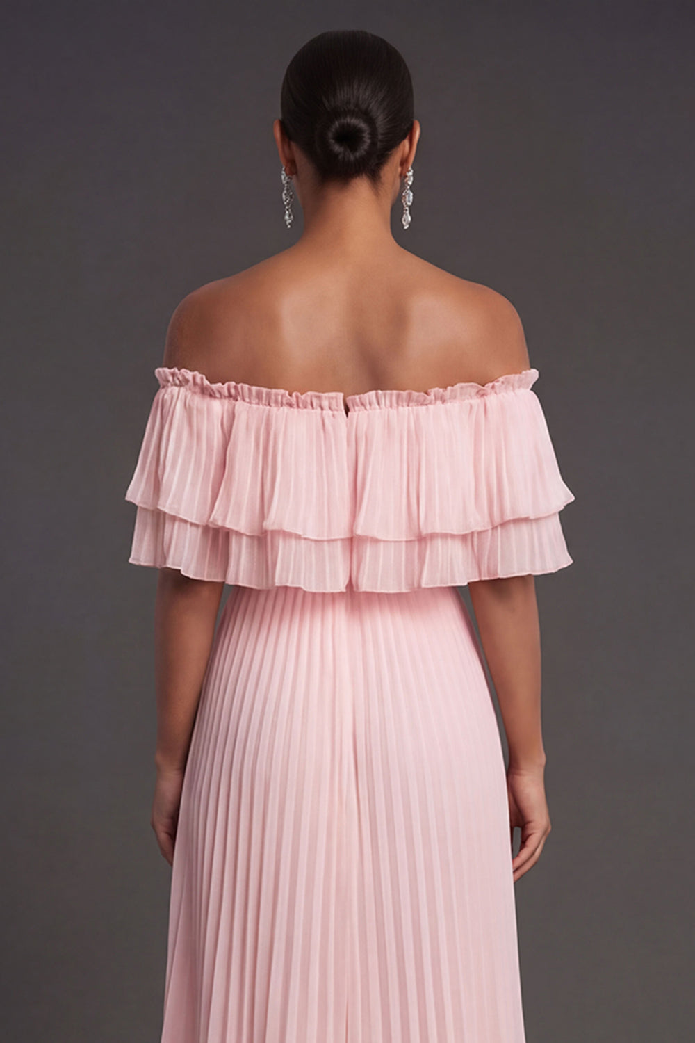 Pleated Pink A Line Off the Shoulder Midi Wedding Guest Dress