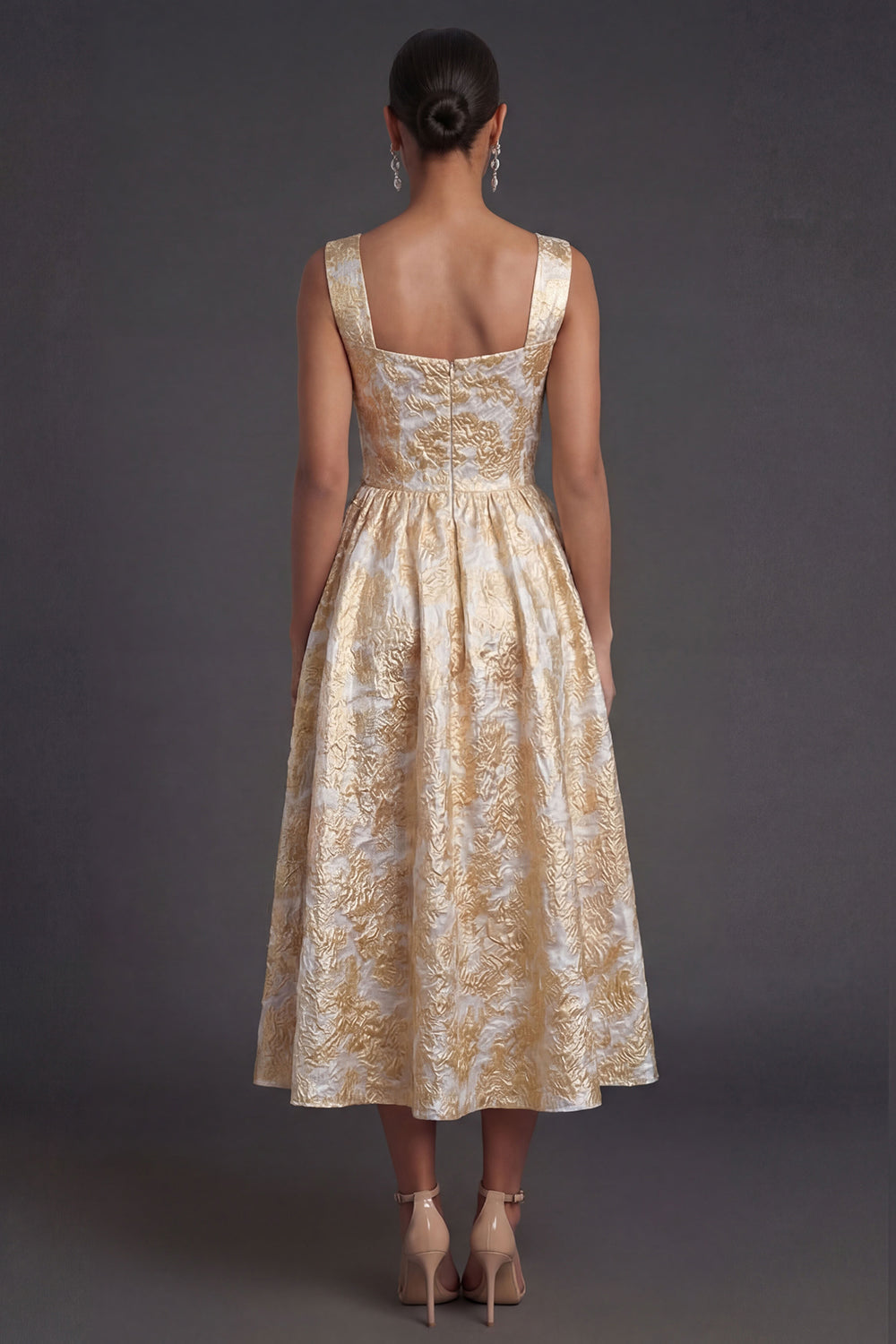 Jacquard Floral Gold A Line Thick Straps Midi Wedding Guest Dress