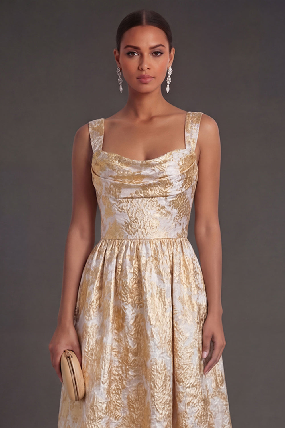Jacquard Floral Gold A Line Thick Straps Midi Wedding Guest Dress