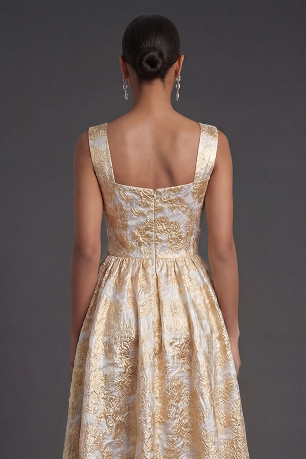 Jacquard Floral Gold A Line Thick Straps Midi Wedding Guest Dress