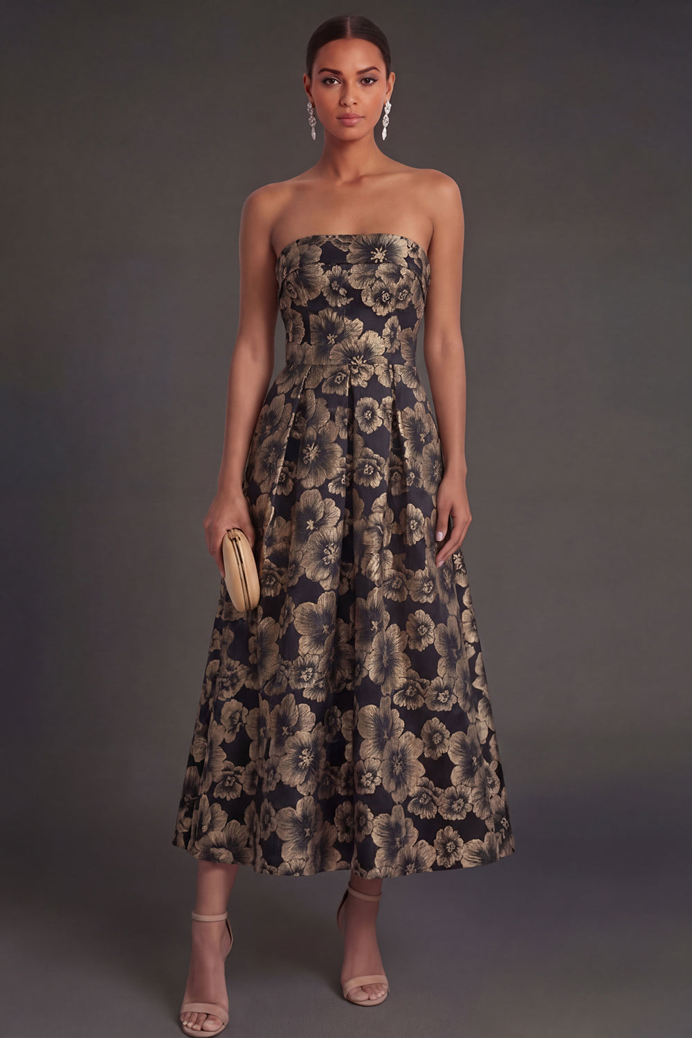 Black Floral Strapless A Line Midi Wedding Guest Dress