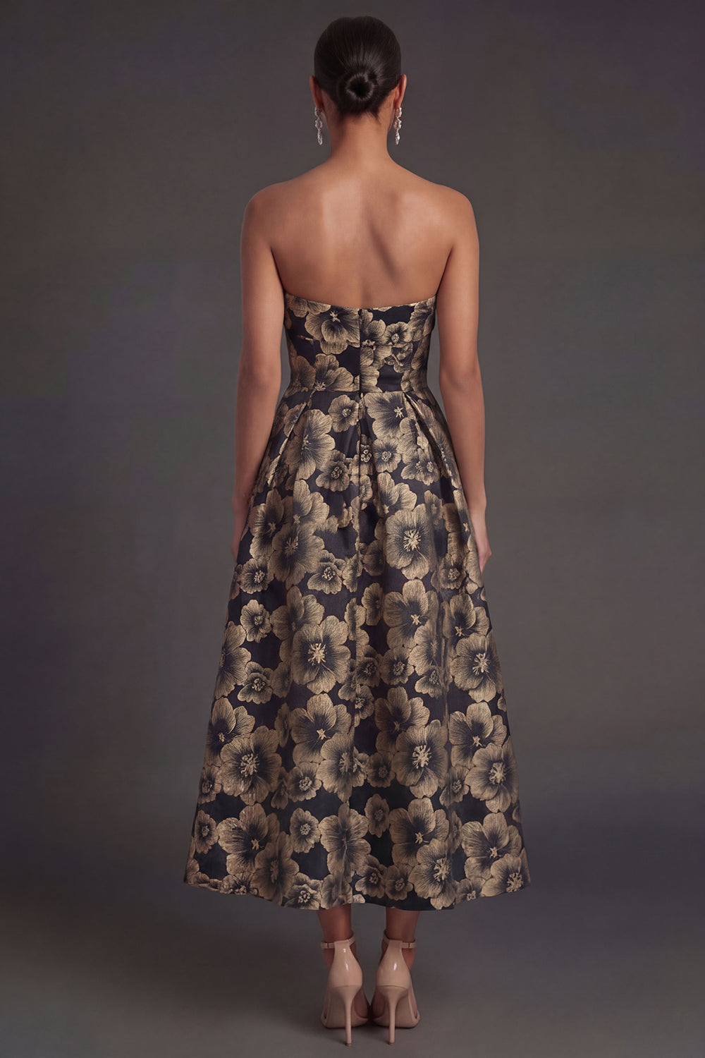 Black Floral Strapless A Line Midi Wedding Guest Dress