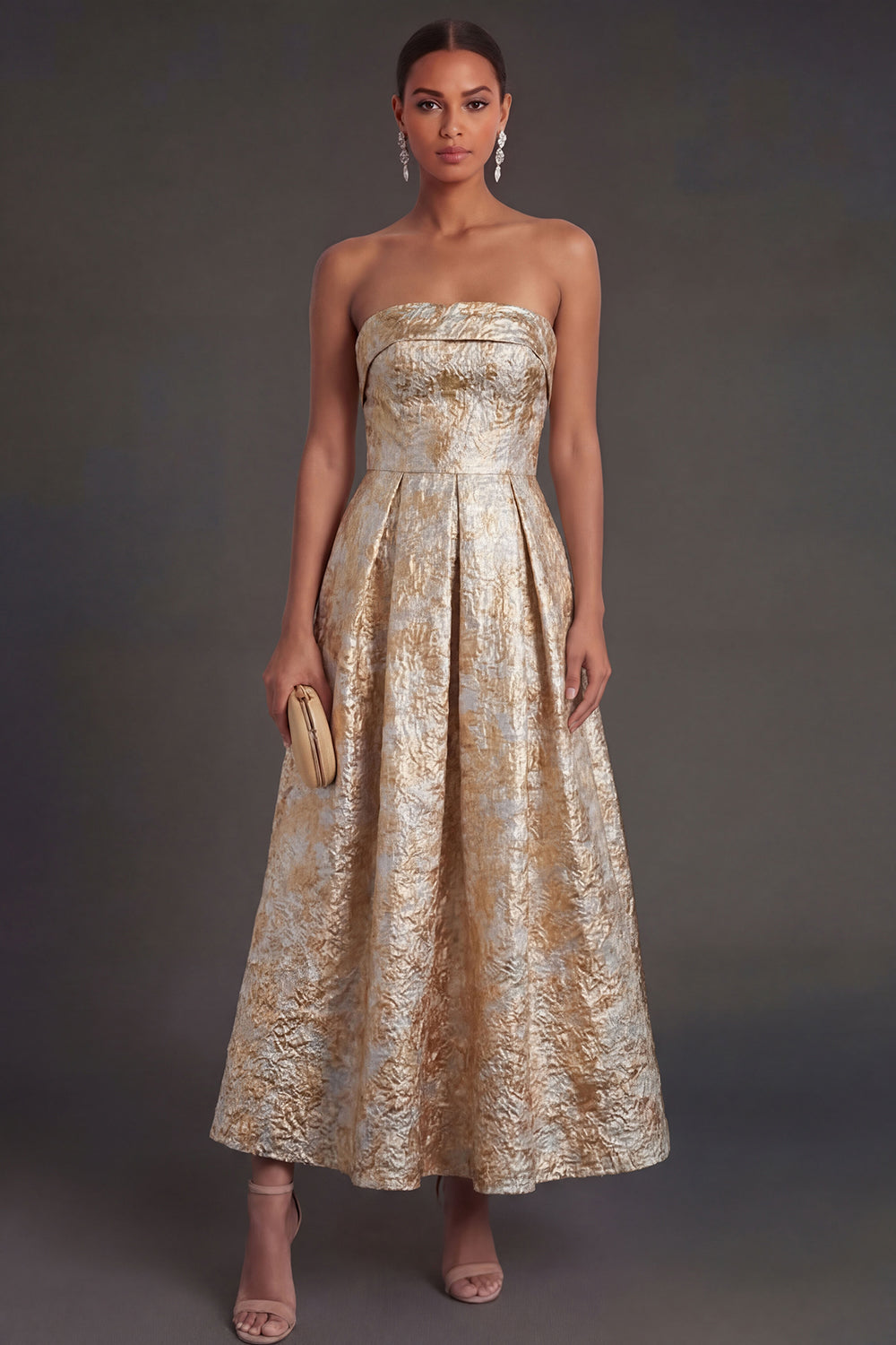 Leely Women Black Floral Strapless A Line Midi Wedding Guest Dress Backless Sleeveless Evening Dress