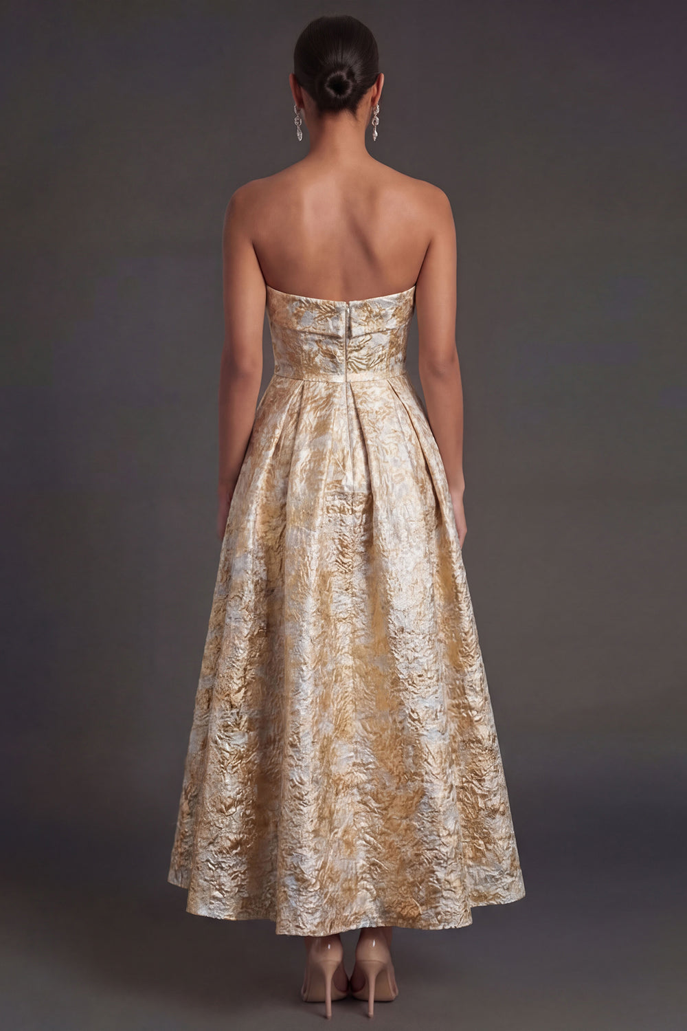 Black Floral Strapless A Line Midi Wedding Guest Dress