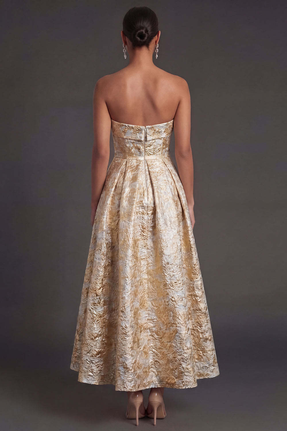 Black Floral Strapless A Line Midi Wedding Guest Dress