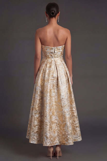 Black Floral Strapless A Line Midi Wedding Guest Dress