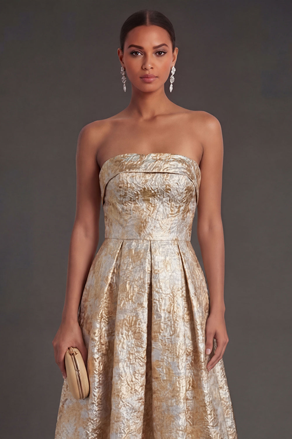 Black Floral Strapless A Line Midi Wedding Guest Dress