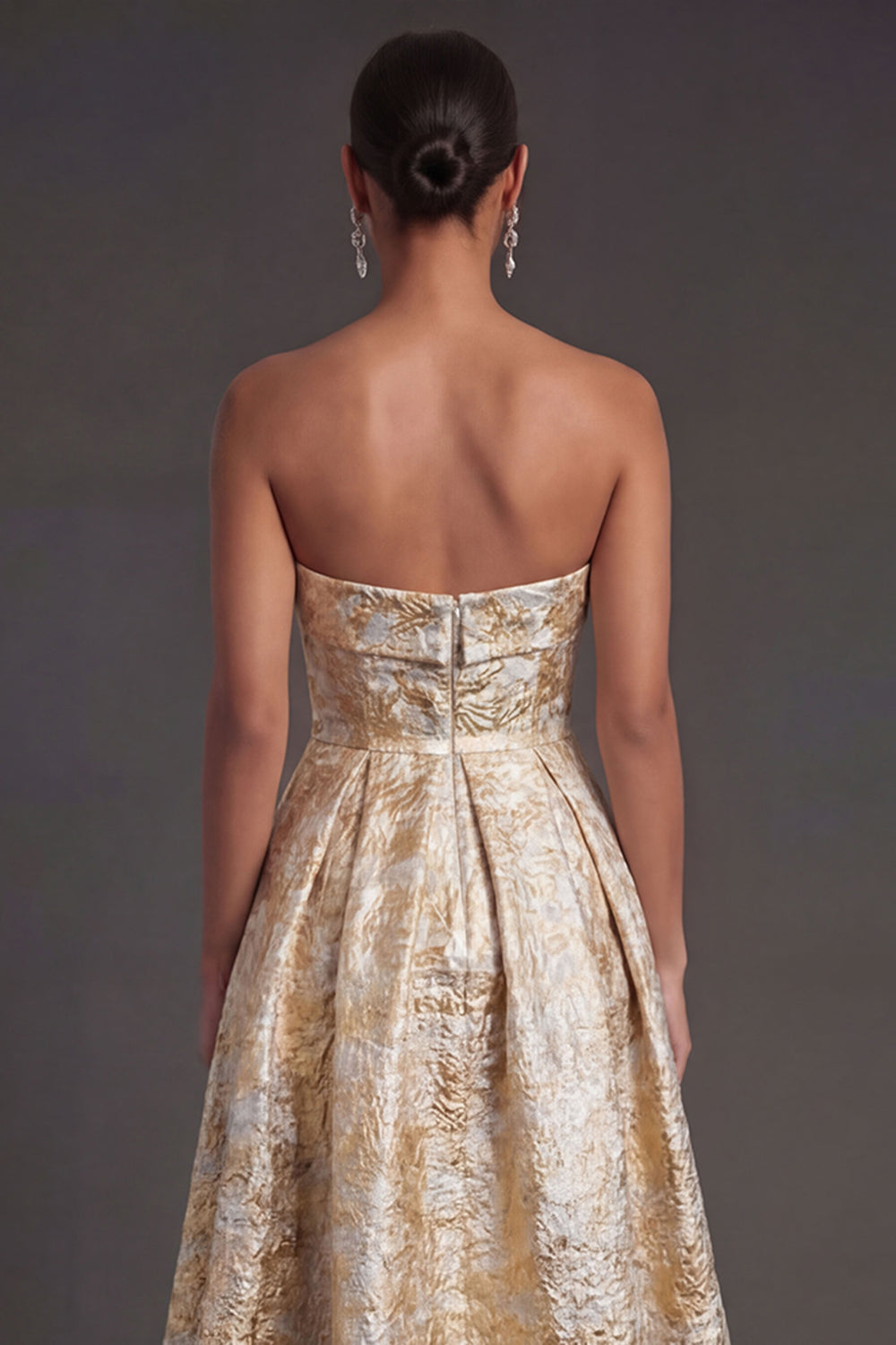 Black Floral Strapless A Line Midi Wedding Guest Dress