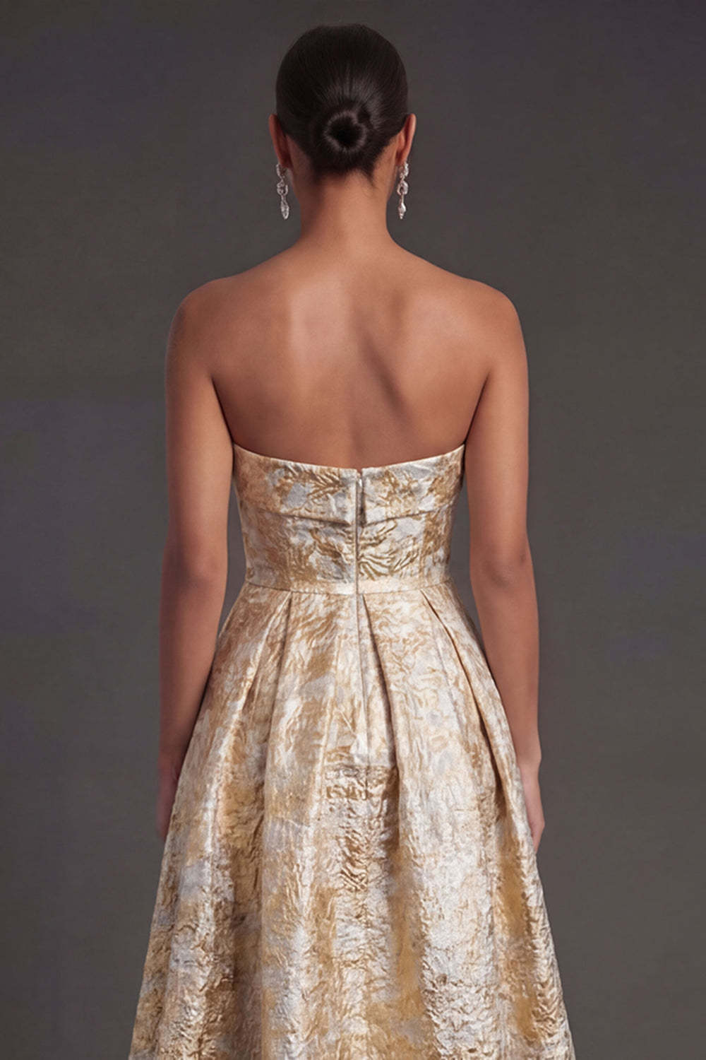 Black Floral Strapless A Line Midi Wedding Guest Dress
