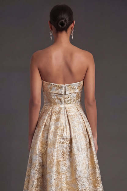 Black Floral Strapless A Line Midi Wedding Guest Dress