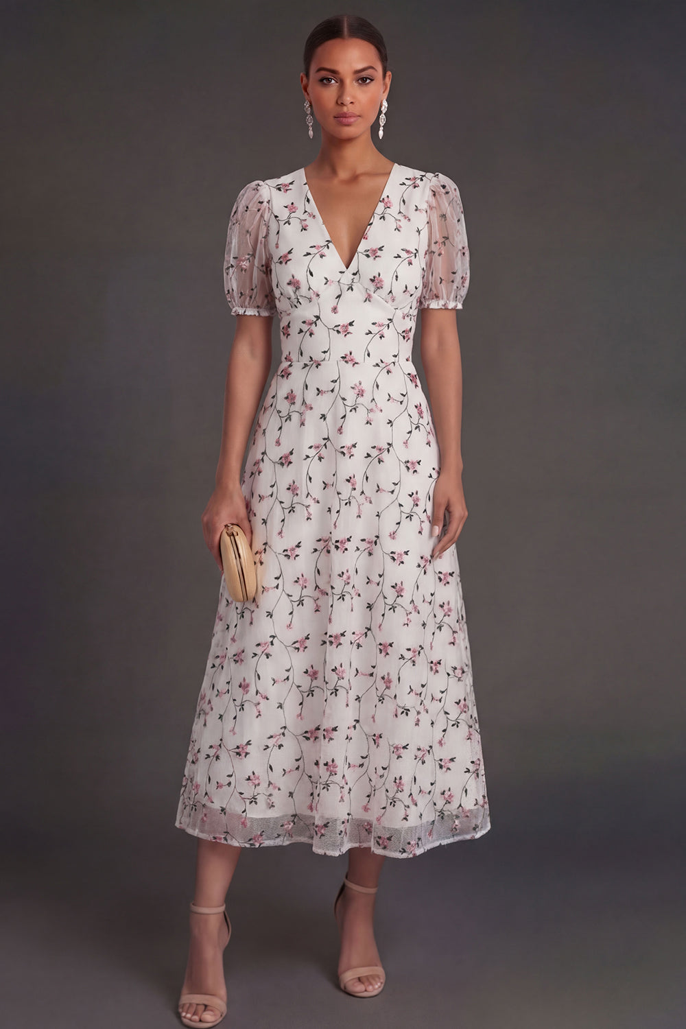 White Pink Floral Puff Sleeves A Line V Neck Midi Wedding Guest Dress