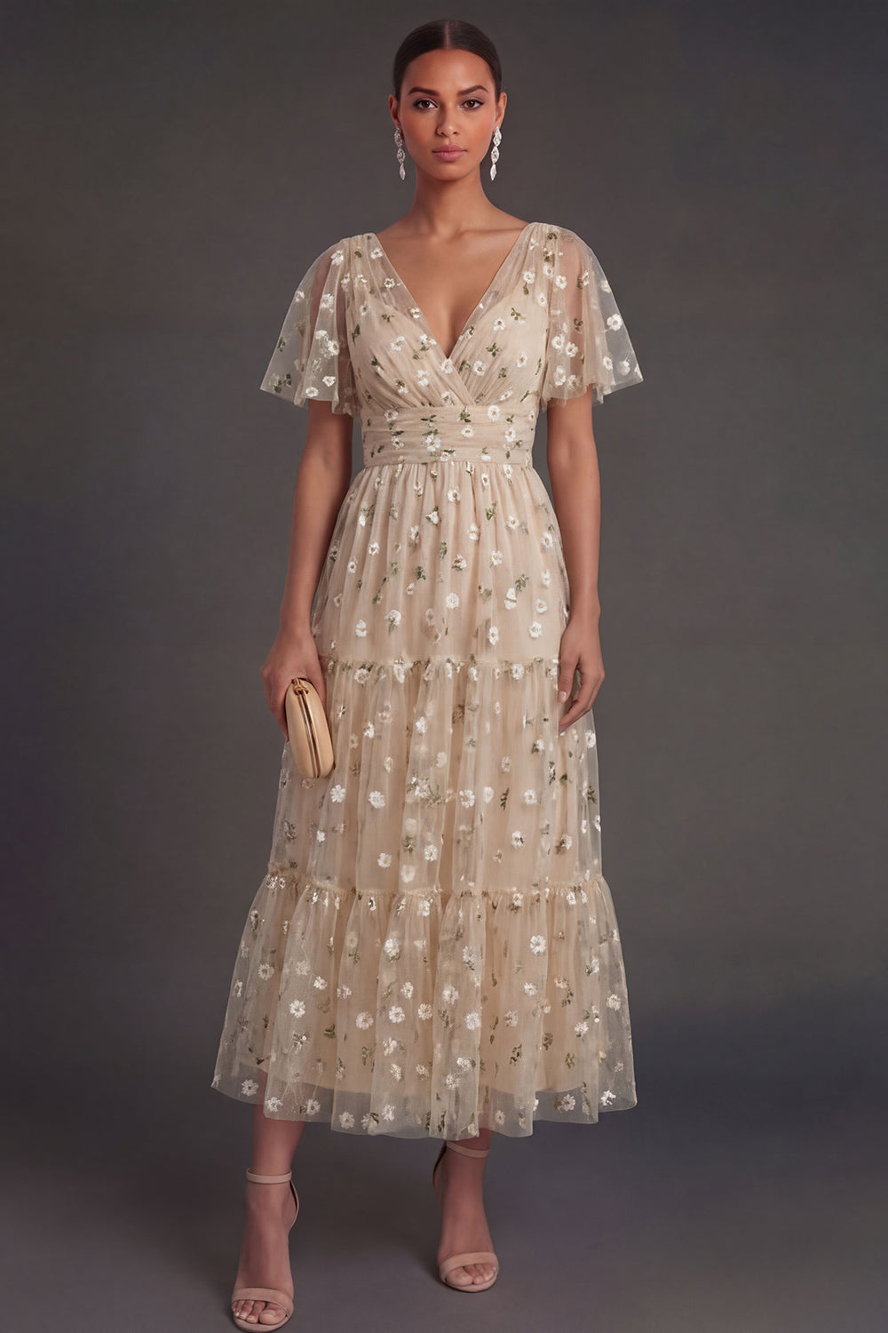 A Line Floral Champagne V Neck Short Sleeves Midi Beach Wedding Guest Dress