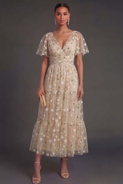Leely Women A Line Floral Champagne Midi Beach Wedding Guest Dress V Neck Short Sleeves Garden Party Dress