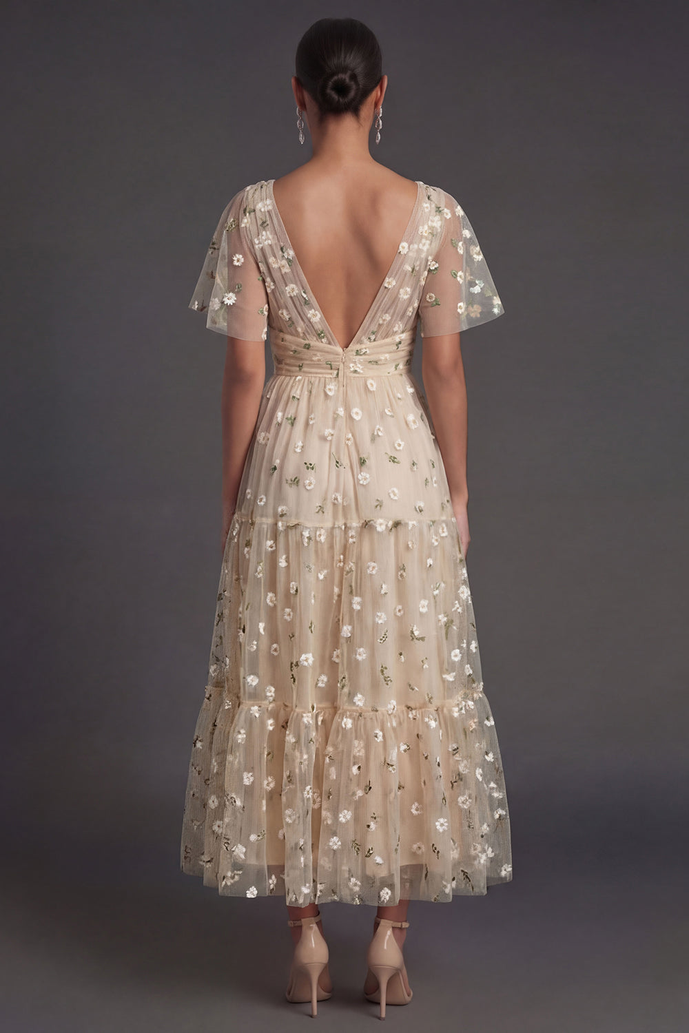 A Line Floral Champagne V Neck Short Sleeves Midi Beach Wedding Guest Dress