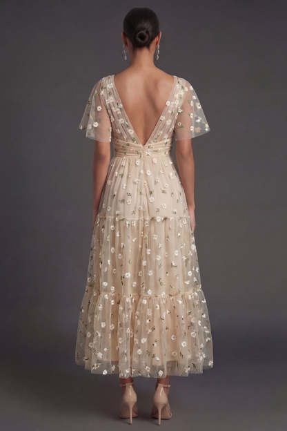 A Line Floral Champagne V Neck Short Sleeves Midi Beach Wedding Guest Dress