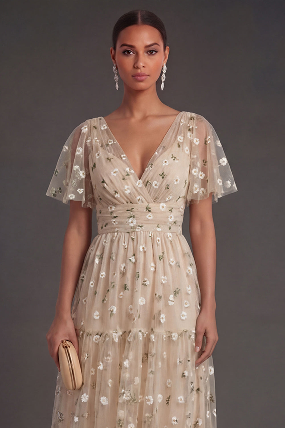 A Line Floral Champagne V Neck Short Sleeves Midi Beach Wedding Guest Dress