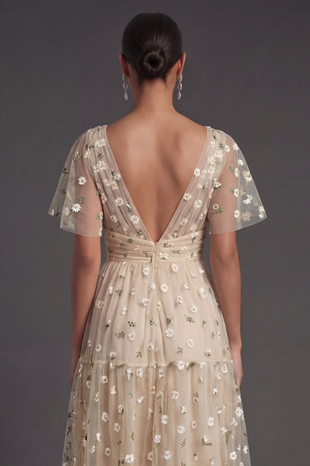 A Line Floral Champagne V Neck Short Sleeves Midi Beach Wedding Guest Dress