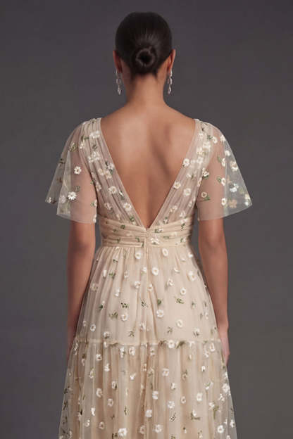 A Line Floral Champagne V Neck Short Sleeves Midi Beach Wedding Guest Dress