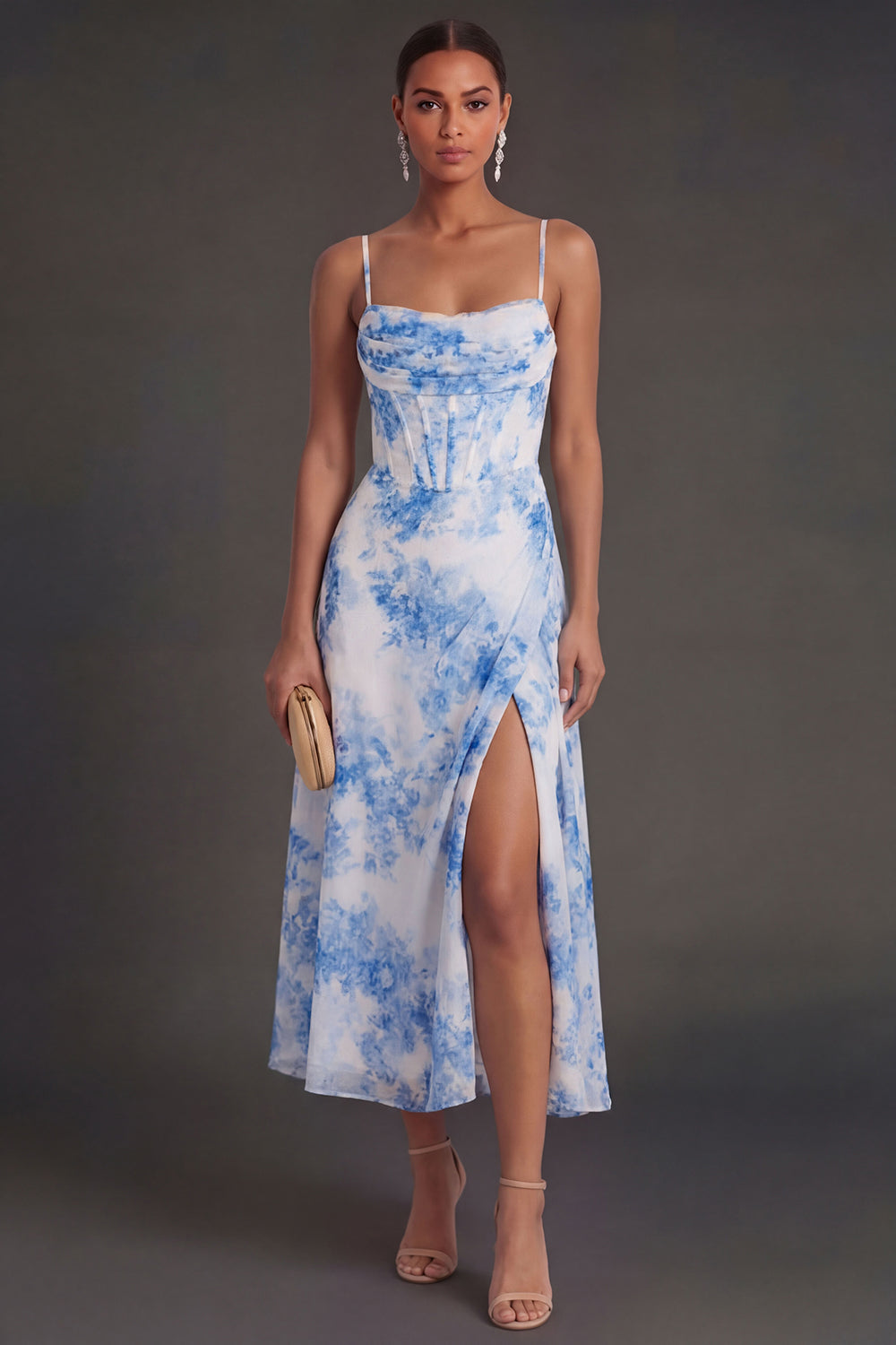 Spaghetti Straps White Blue Floral A Line Corset Midi Beach Wedding Guest Dress