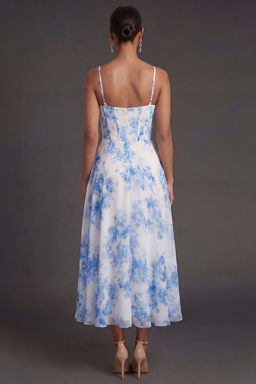 Spaghetti Straps White Blue Floral A Line Corset Midi Beach Wedding Guest Dress