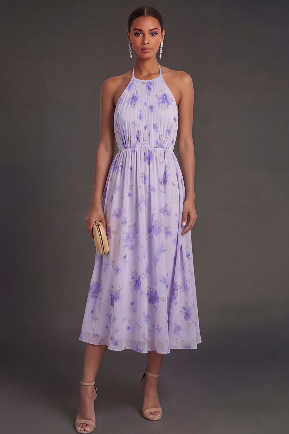 Leely Women Halter Neck Floral A Line Midi Beach Wedding Guest Dress Pleated Sleeveless Backless Garden Party Dress