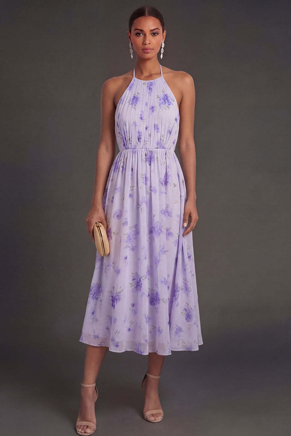 Leely Women Halter Neck Floral A Line Midi Beach Wedding Guest Dress Pleated Sleeveless Backless Garden Party Dress