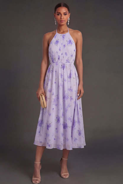 Leely Women Halter Neck Floral A Line Midi Beach Wedding Guest Dress Pleated Sleeveless Backless Garden Party Dress