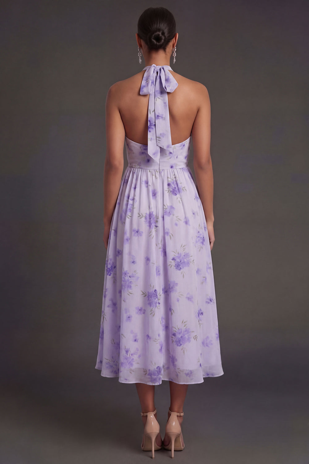 Halter Neck Floral Pleated A Line Midi Beach Wedding Guest Dress