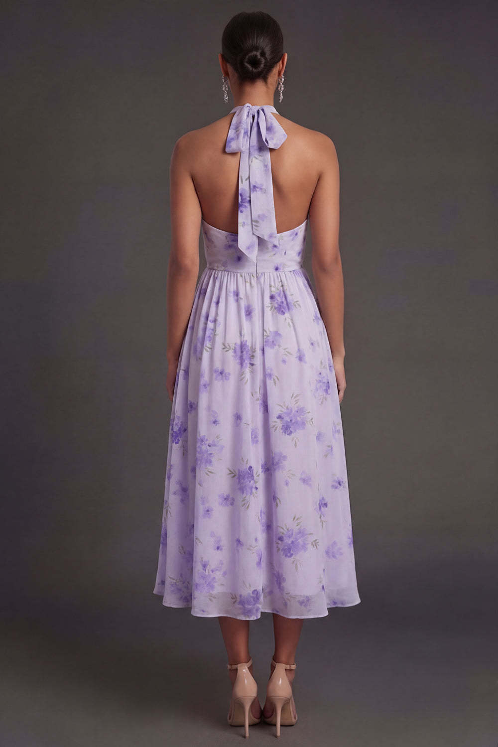 Halter Neck Floral Pleated A Line Midi Beach Wedding Guest Dress