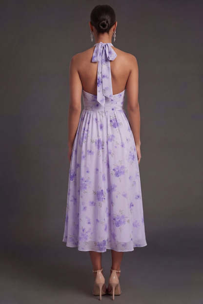 Halter Neck Floral Pleated A Line Midi Beach Wedding Guest Dress
