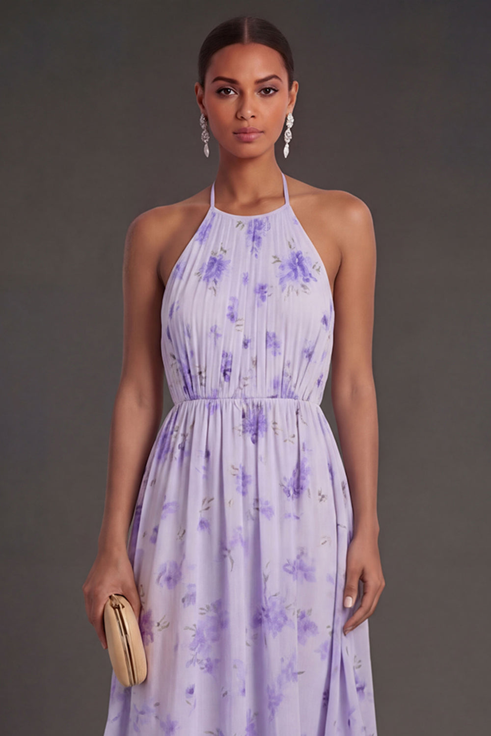 Halter Neck Floral Pleated A Line Midi Beach Wedding Guest Dress