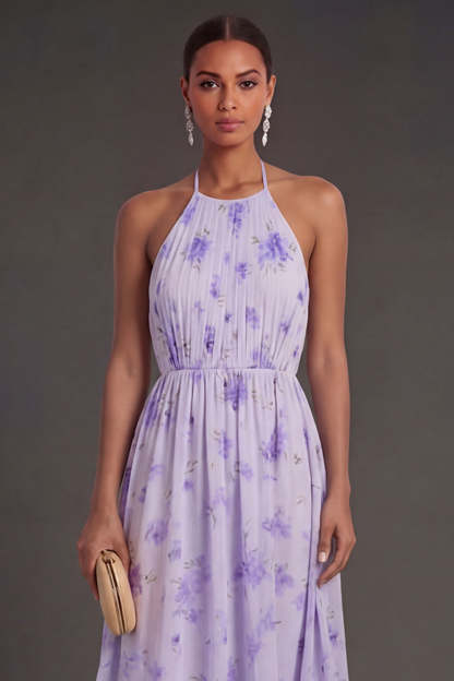 Halter Neck Floral Pleated A Line Midi Beach Wedding Guest Dress