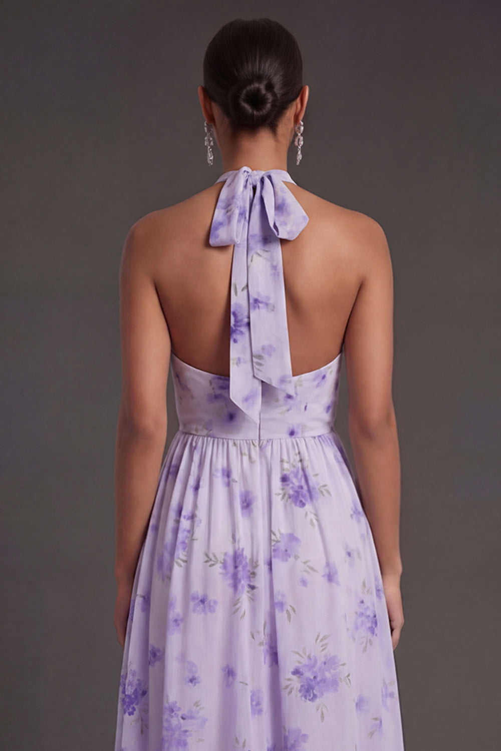 Halter Neck Floral Pleated A Line Midi Beach Wedding Guest Dress