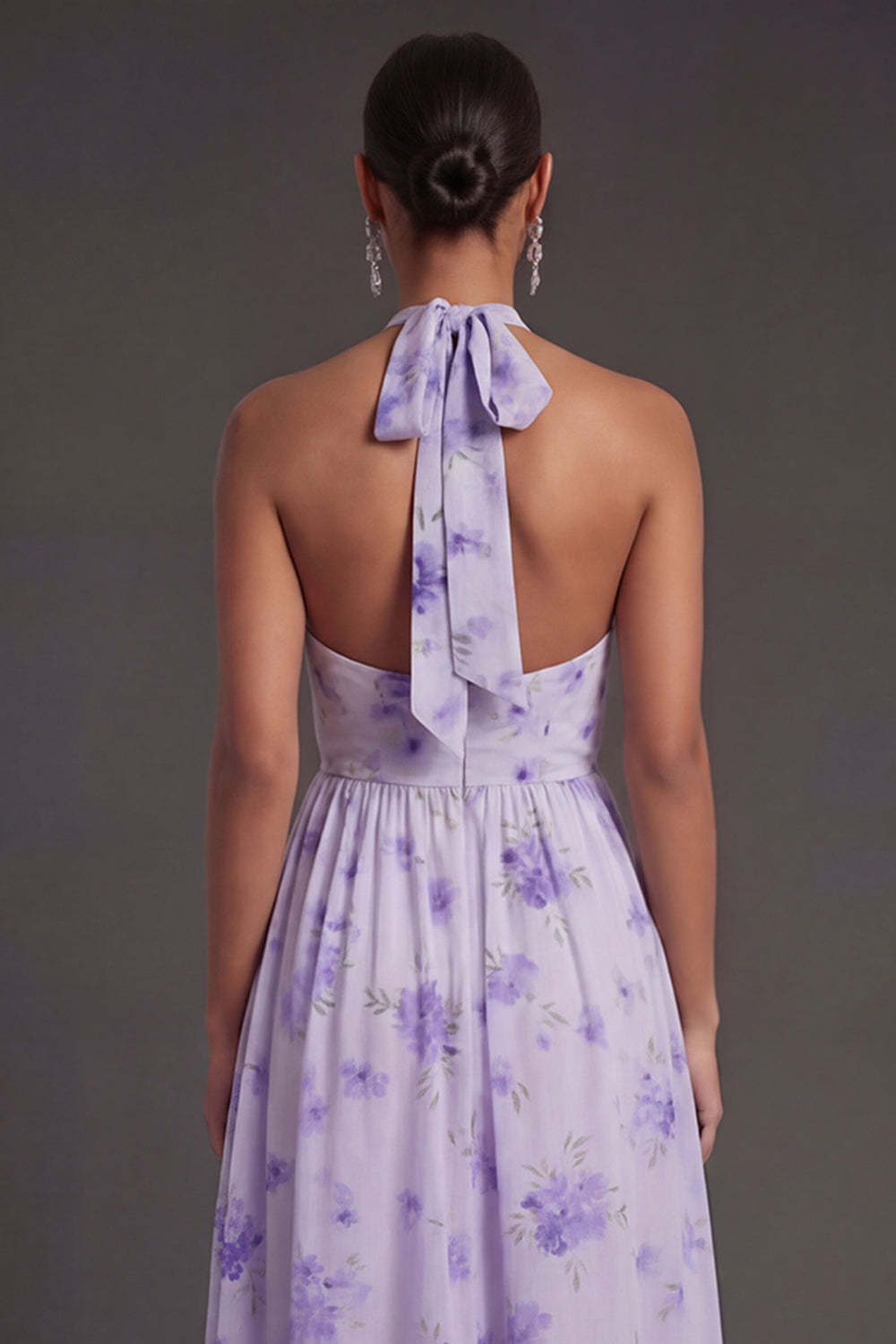 Halter Neck Floral Pleated A Line Midi Beach Wedding Guest Dress