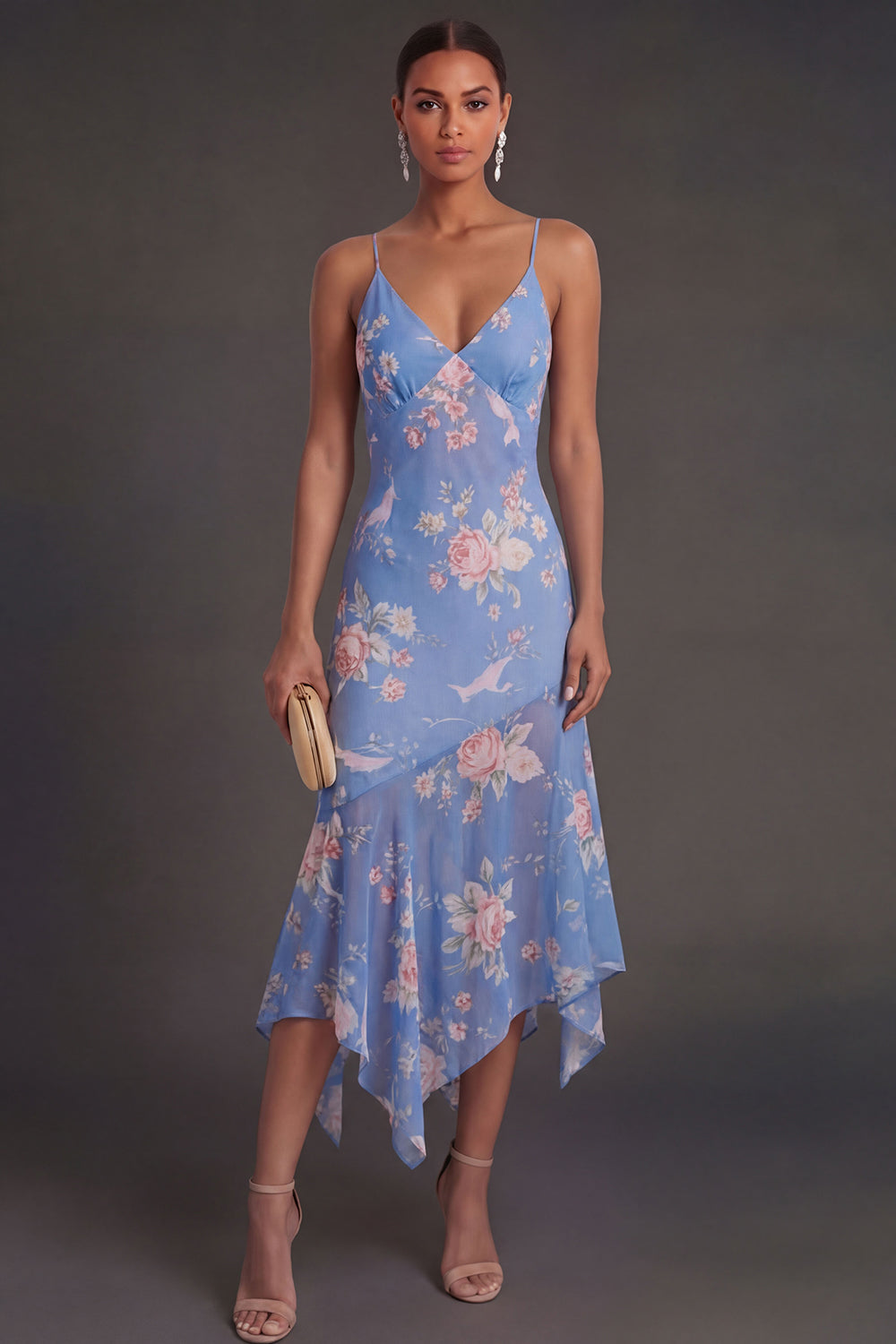 Sheath Floral Blue Spaghetti Straps Ruffled High Low Beach Wedding Guest Dress