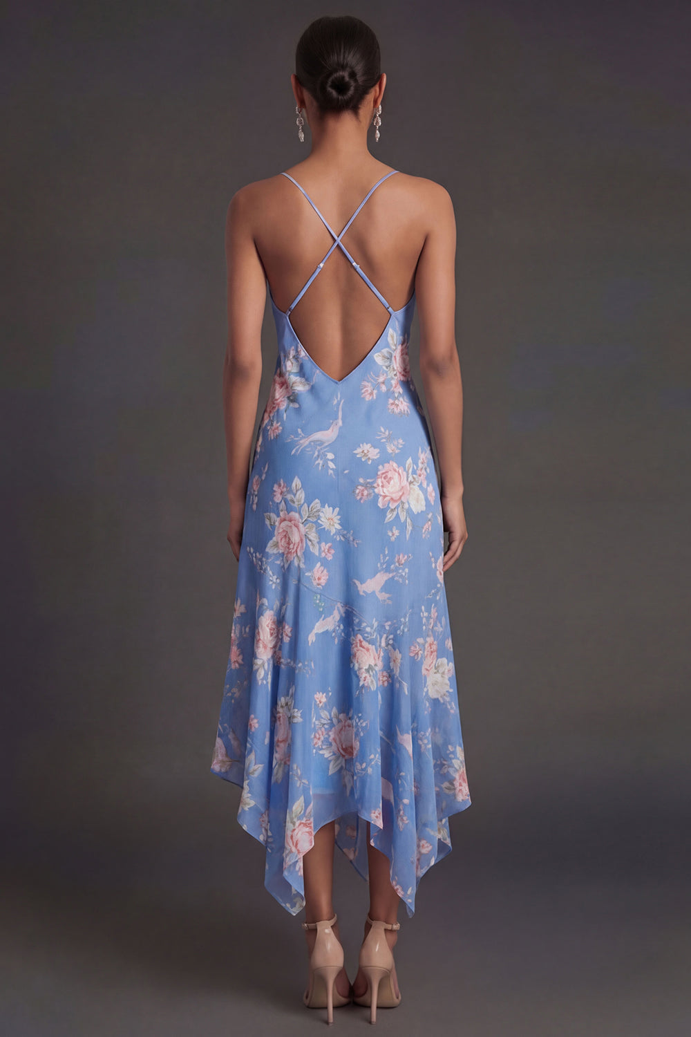 Sheath Floral Blue Spaghetti Straps Ruffled High Low Beach Wedding Guest Dress