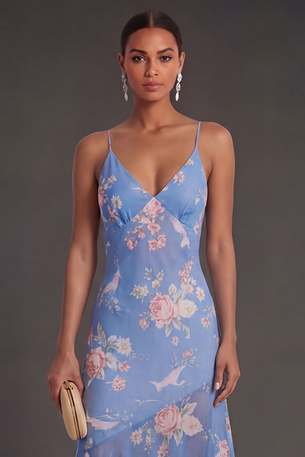 Sheath Floral Blue Spaghetti Straps Ruffled High Low Beach Wedding Guest Dress