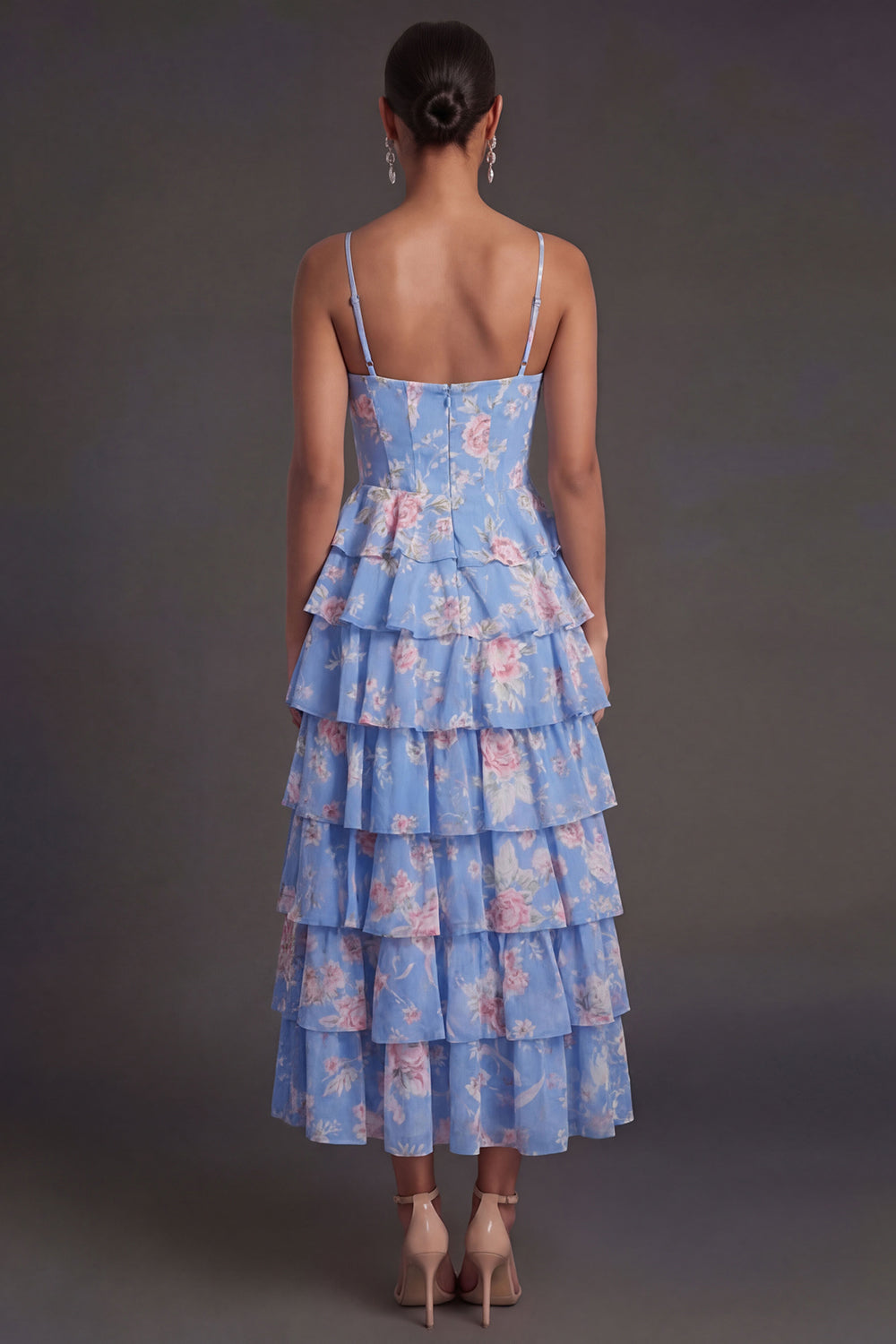 Corset Blue Floral Ruffled Tiered Midi Wedding Guest Dress with Slit