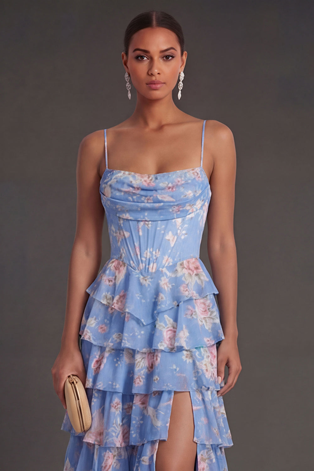 Corset Blue Floral Ruffled Tiered Midi Wedding Guest Dress with Slit