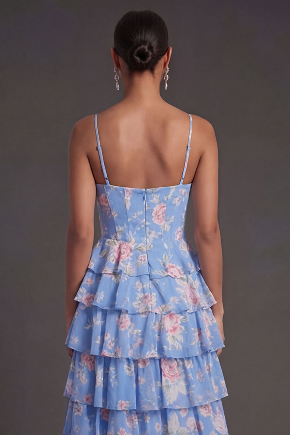 Corset Blue Floral Ruffled Tiered Midi Wedding Guest Dress with Slit
