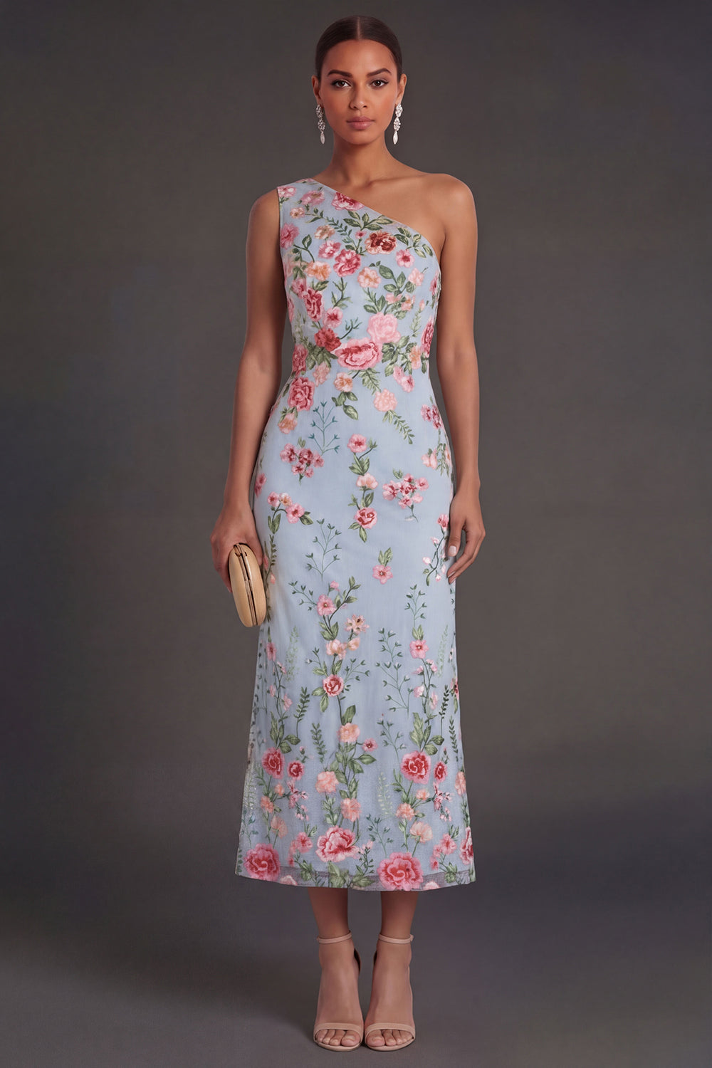 Sheath Blue Pink Floral One Shoulder Midi Beach Wedding Guest Dress
