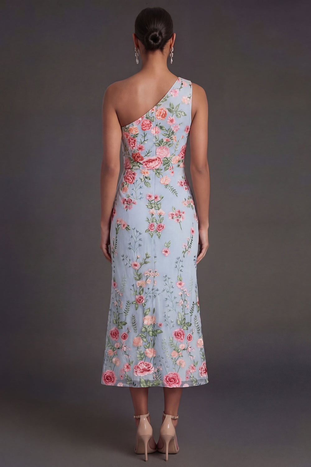 Sheath Blue Pink Floral One Shoulder Midi Beach Wedding Guest Dress
