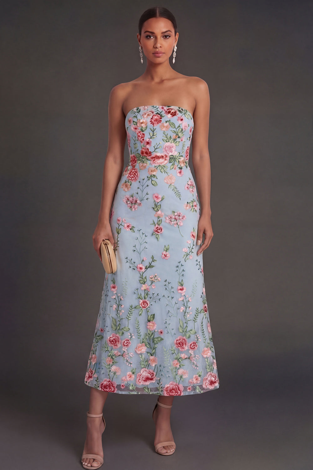 Strapless A Line Blue Pink Floral Midi Beach Wedding Guest Dress