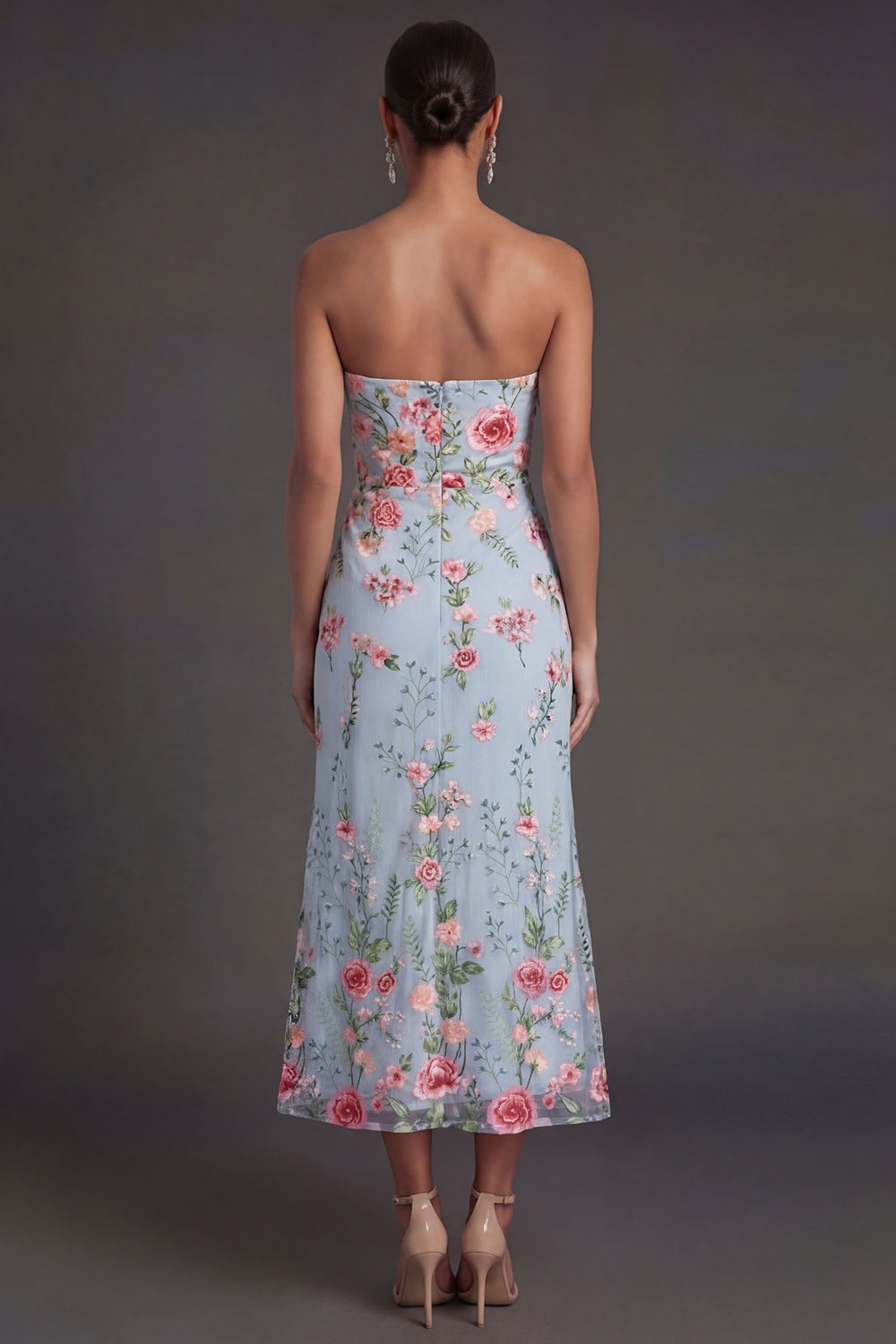Strapless A Line Blue Pink Floral Midi Beach Wedding Guest Dress
