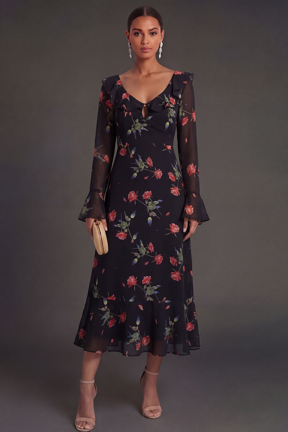 Long Sleeves Black Floral A Line Ruffled Midi Beach Wedding Guest Dress