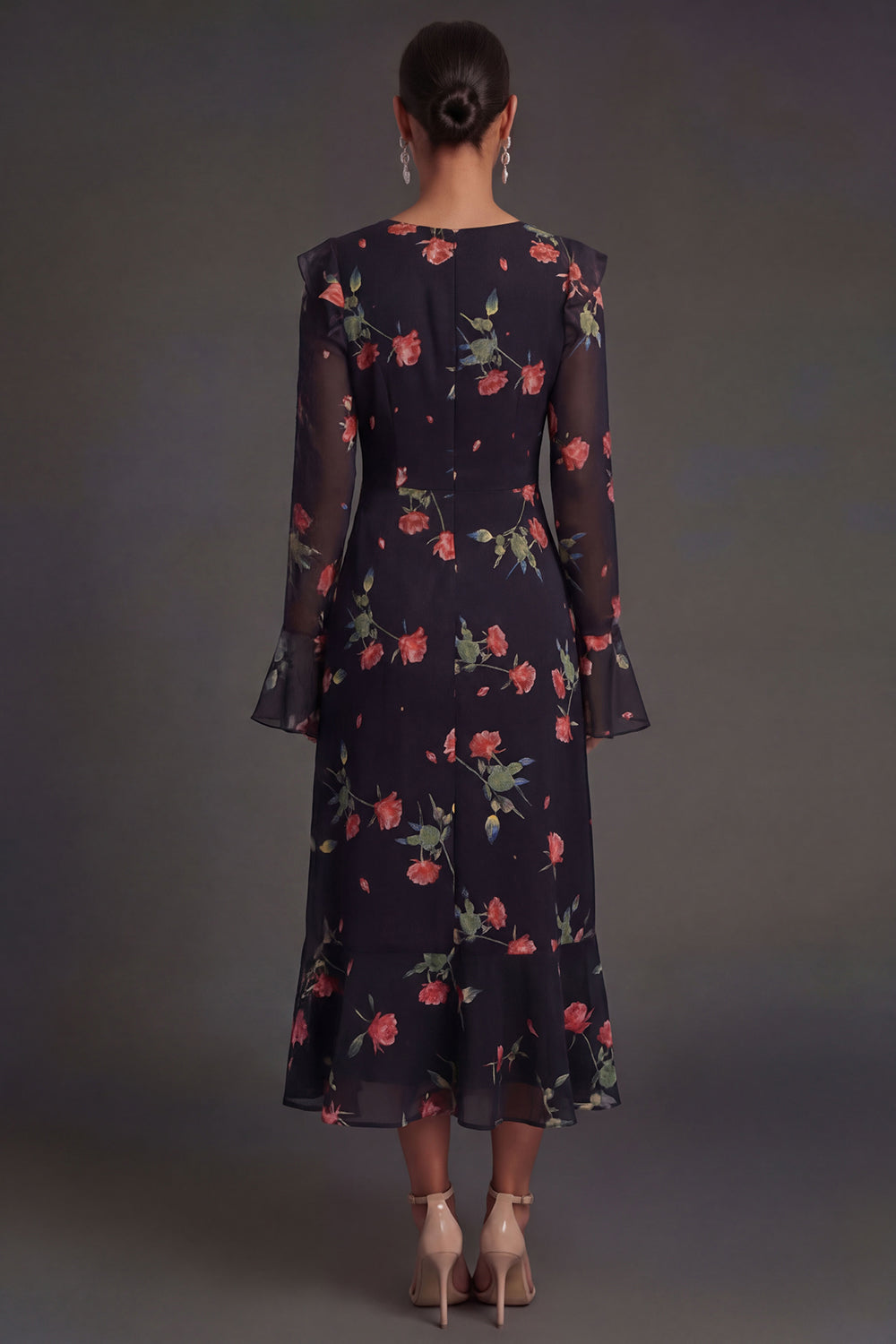 Long Sleeves Black Floral A Line Ruffled Midi Beach Wedding Guest Dress