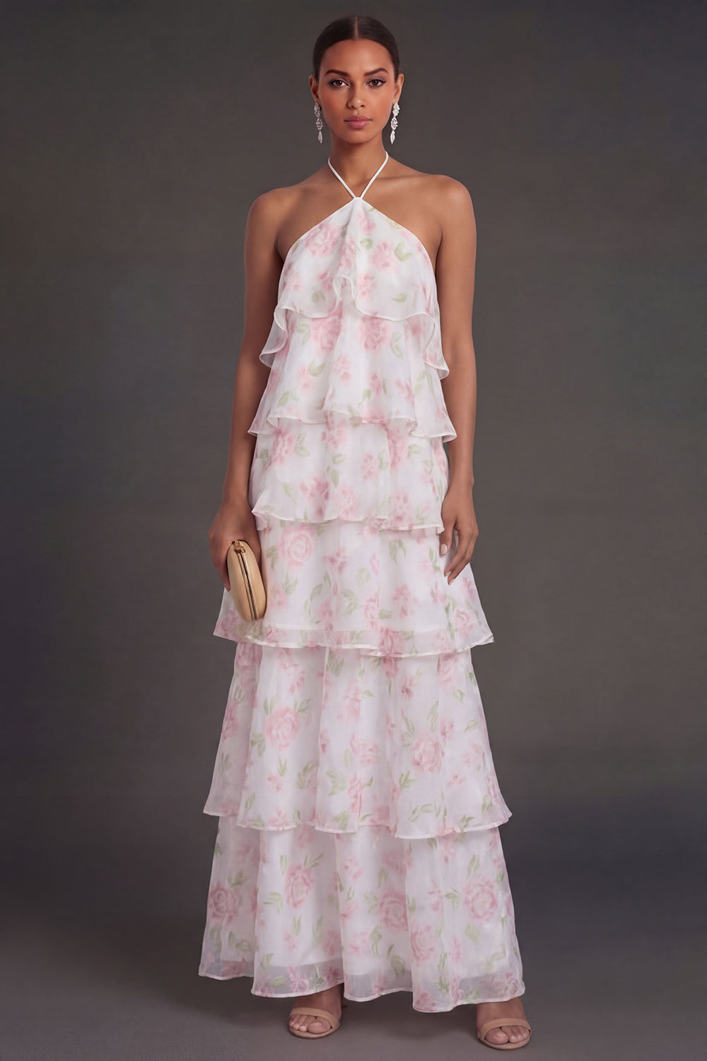 White Pink Floral A Line Ruffled Halter Neck Long Beach Wedding Guest Dress