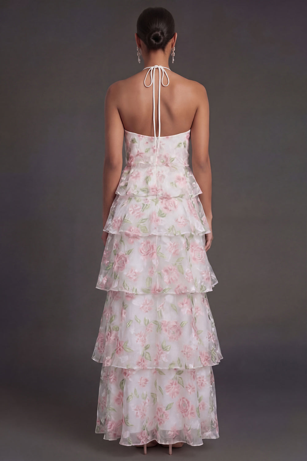 White Pink Floral A Line Ruffled Halter Neck Long Beach Wedding Guest Dress